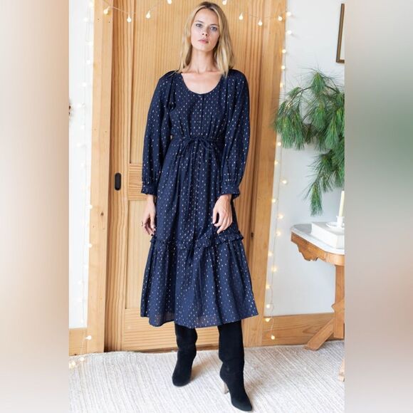 Emerson Fry India Collection Lucy Lake Boho Midi Dress Navy Gold Dots XS - Picture 1 of 13